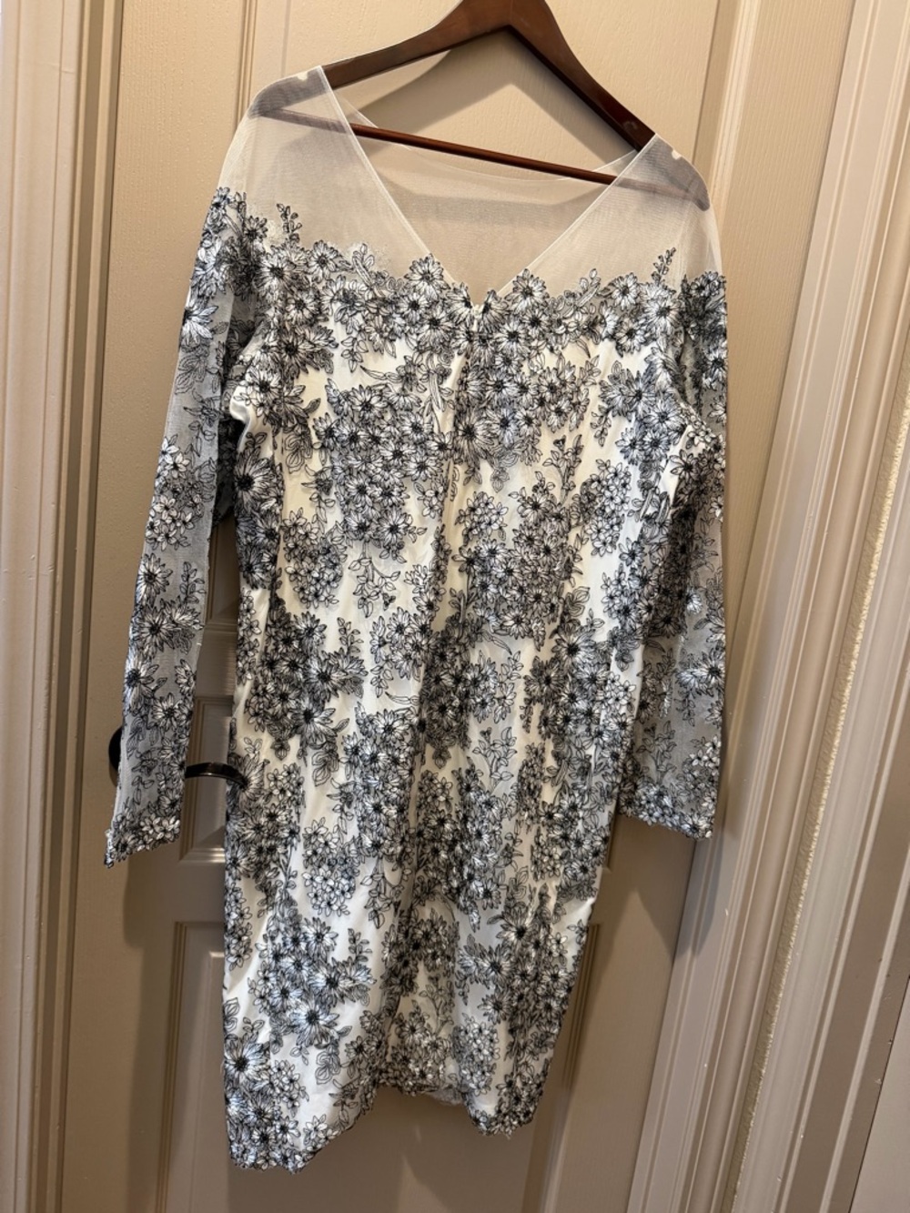 Tadashi Shoji White Dress with Black Floral Embroidery and Sheer Yoke - Picture 5 of 7